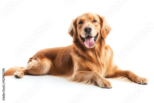 Golden Retriever dog - Canis lupus familiaris - great popular family domestic animal good with children isolated on white background tongue out while , ai