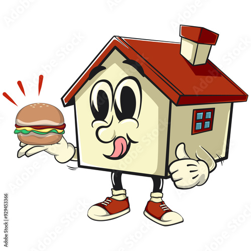 house cartoon character mascot retro vector design carrying a burger while giving a thumbs up, work of hand drawn