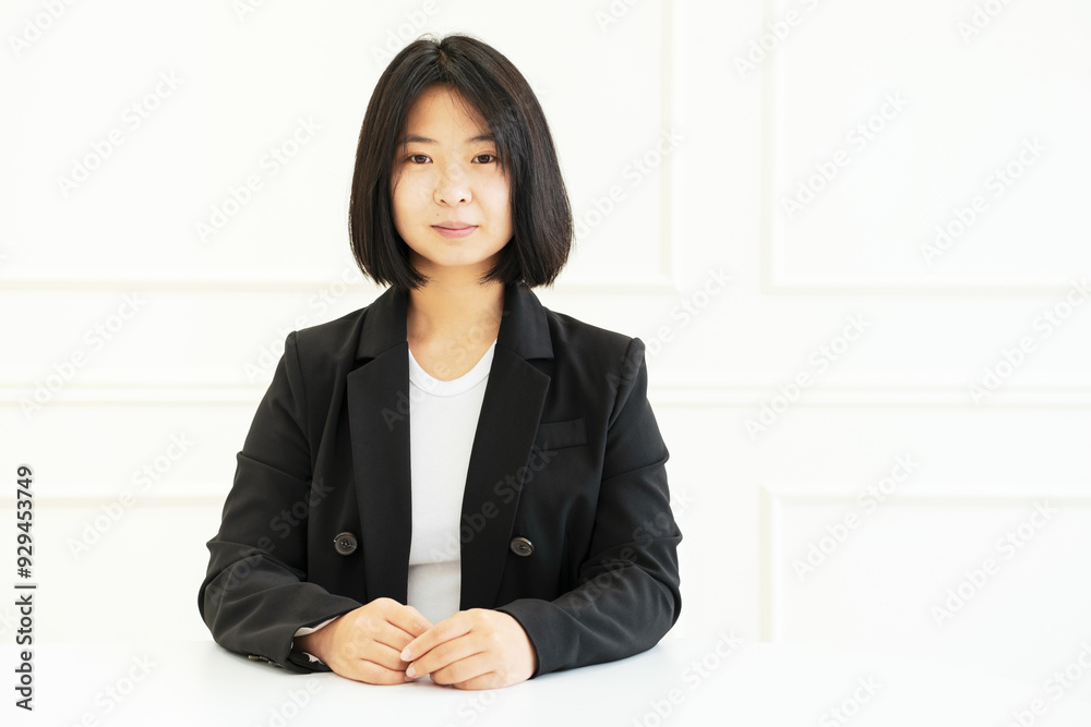Young asian woman with black hair against white wall, front view. Young asian woman with black hair against white wall, front view.