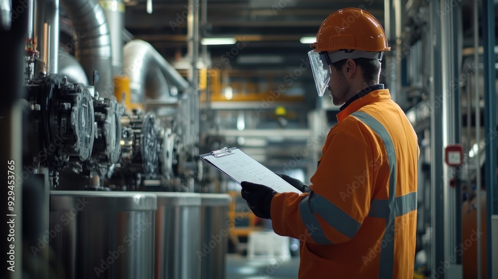 Engineer inspecting machinery in a factory, wearing safety gear and holding a clipboard Engineer inspecting machinery in a factory, wearing safety gear and holding a clipboard