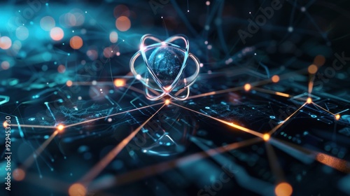 Abstract futuristic atomic digital computer of blue and orange sphere
