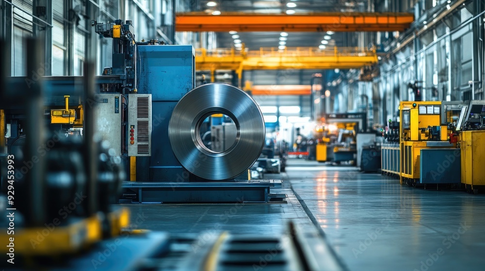 Fototapeta premium Large industrial presses shaping metal parts in a factory setting