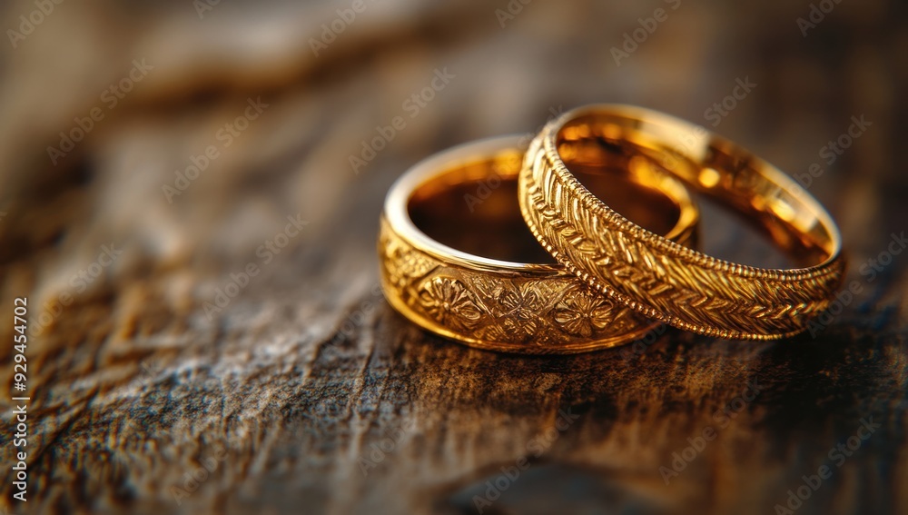 Close-up of three golden wedding rings on a wooden table Close-up of three golden wedding rings on a wooden table