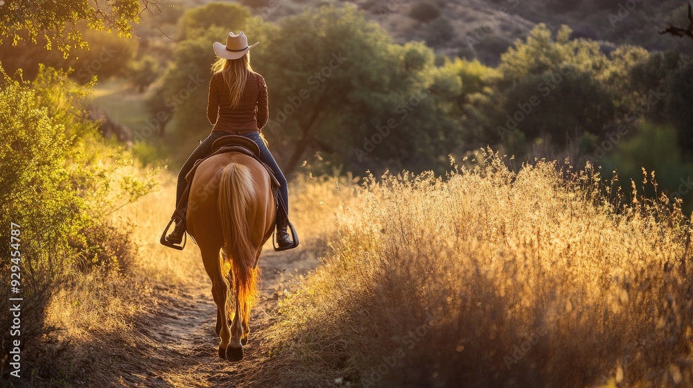 Woman riding a horse through a scenic trail, enjoying a leisurely ride outdoors Woman riding a horse through a scenic trail, enjoying a leisurely ride outdoors