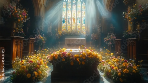 somber funeral scene in ornate church floweradorned coffin centered soft light filtering through stained glass windows photo