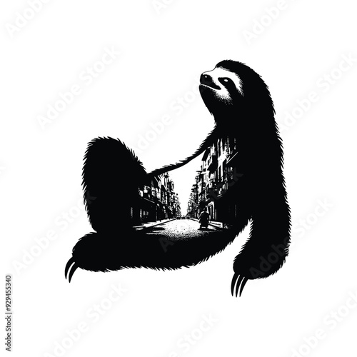 silhouette of Sloth filled with ghetto street in rough drawing,