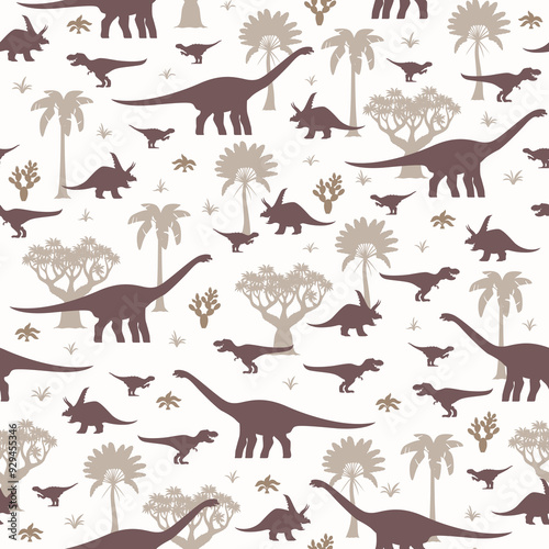Prehistoric dinosaurs seamless pattern with Jurassic lizards and palm trees, vector background. Kids pattern with funny prehistoric dinosaurs of Tyrannosaurus T-rex, velociraptor and bagaceraptors
