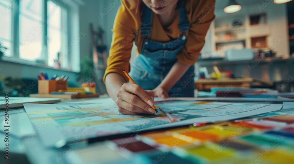 A person engaged in creative activity, sketching or writing on paper