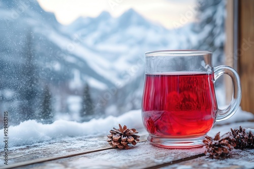 steaming glass of rubyred mulled wine nestled among rustic wooden planks snowy mountain landscape visible through frosted window creating cozy winter ambiance photo