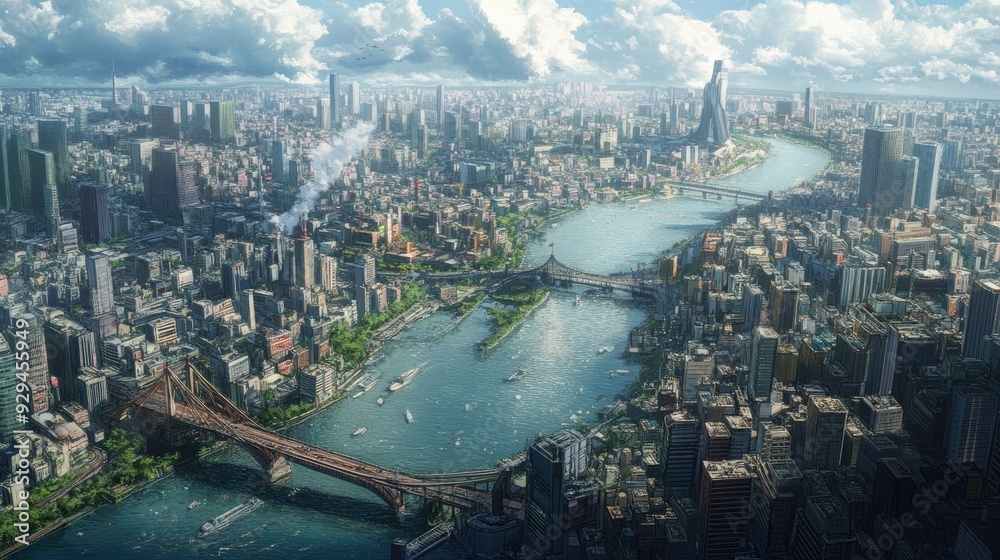 Obraz premium Anime sprawling cityscape with a river winding through the center, bridges connecting bustling neighborhoods
