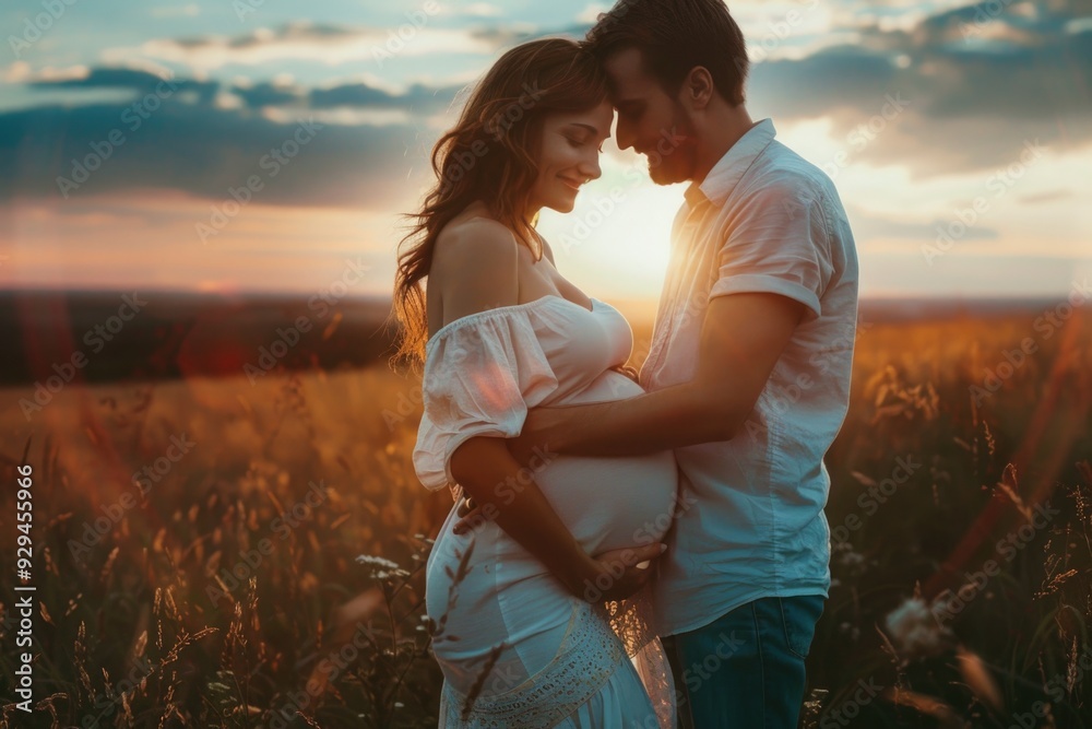 A pregnant woman and her partner stand together in a serene field as the sun sets in the background, a moment of joy and anticipation A pregnant woman and her partner stand together in a serene field as the sun sets in the background, a moment of joy and anticipation