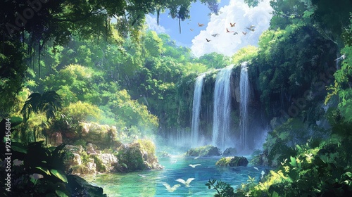 Anime tropical jungle with dense foliage, a waterfall cascading into a crystal-clear pool, and exotic birds flying overhead
