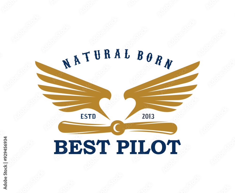 Obraz premium Airplane and aircraft icon for aviation or best pilot with natural born quote, vector emblem. Airplane propeller with eagle bird wings for t shirt print for air crew, aviation academy or pilot school
