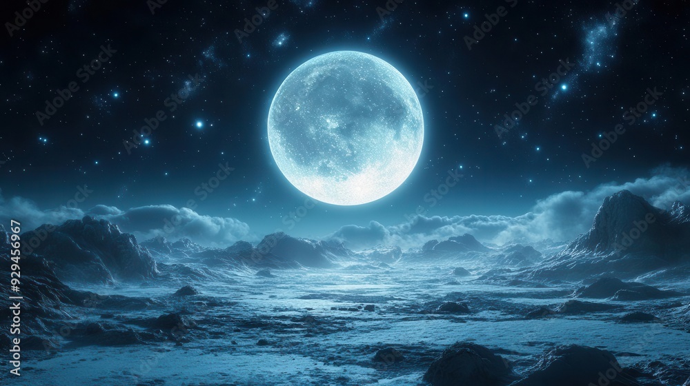 Fototapeta premium surreal lunar landscape gigantic moon dominating horizon ethereal bioluminescent flora alien terrain dreamy bokeh effect otherworldly atmosphere