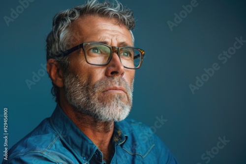 A person wearing blue shirt and glasses, can be used as a portrait or in situations where a bespectacled individual is needed