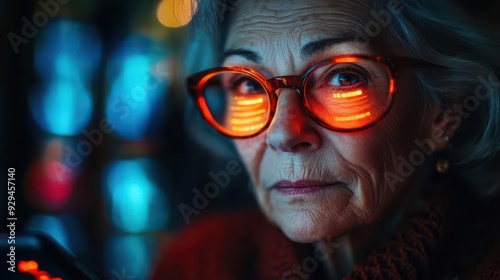 techsavvy senior woman engrossed in smartphone holographic ui projections futuristic smart home environment soft ambient lighting highlighting wisdom and modernity