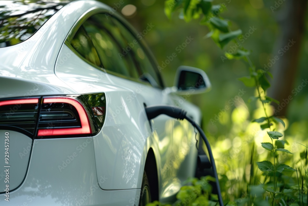 Close up of an electric car charging against a green nature background Close up of an electric car charging against a green nature background