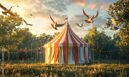 circus festival with attractions in circus tent in background Generate AI