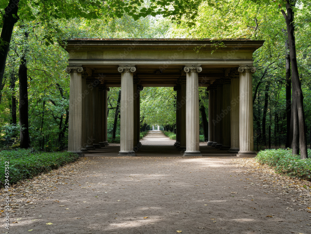 A long, empty hallway with pillars and a large archway A long, empty hallway with pillars and a large archway