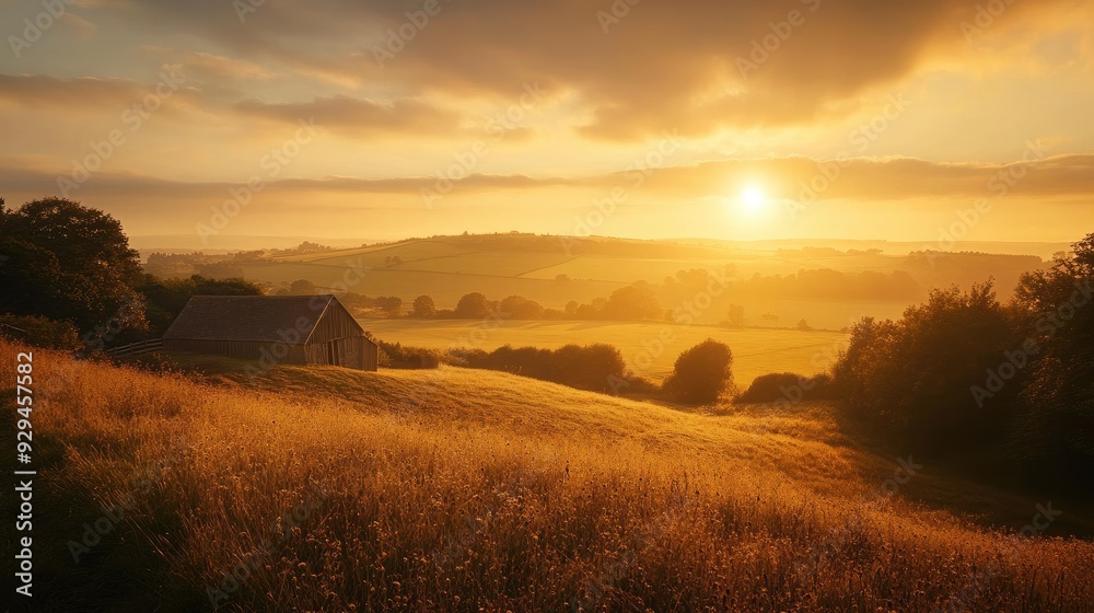 Fototapeta premium Golden sunset over a peaceful countryside, with rolling hills and a rustic barn in the distance