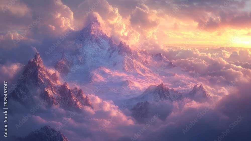 Misty mountain range with peaks emerging from the clouds, under a dramatic sunrise sky Misty mountain range with peaks emerging from the clouds, under a dramatic sunrise sky