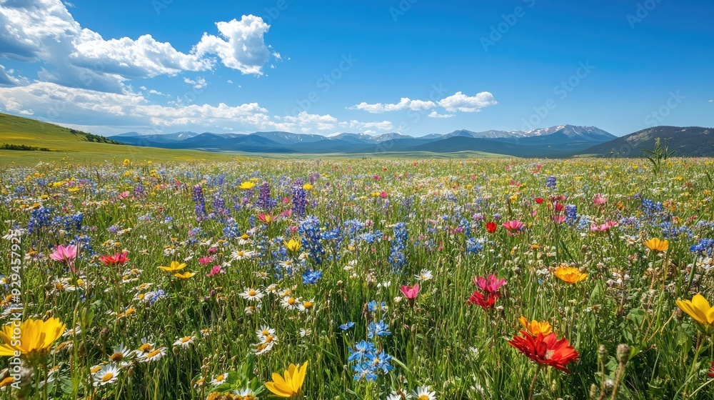 Peaceful meadow with wildflowers in bloom, under a bright blue sky with distant mountains Peaceful meadow with wildflowers in bloom, under a bright blue sky with distant mountains