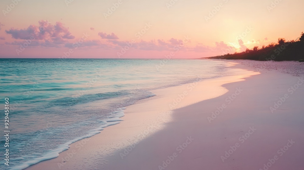 Serene beach with soft white sand and gentle waves lapping the shore, under a pastel-colored evening sky Serene beach with soft white sand and gentle waves lapping the shore, under a pastel-colored evening sky