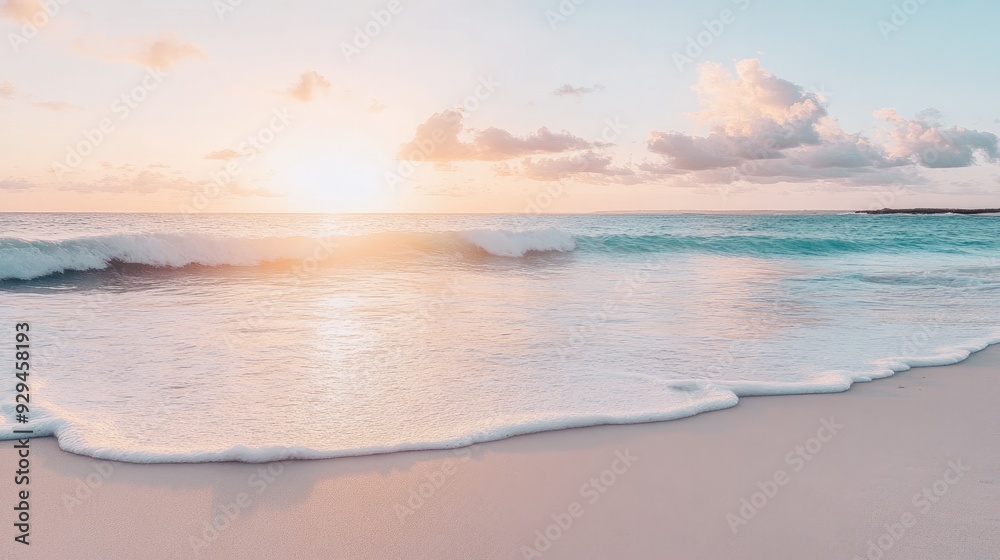 Serene beach with soft white sand and gentle waves lapping the shore, under a pastel-colored evening sky Serene beach with soft white sand and gentle waves lapping the shore, under a pastel-colored evening sky