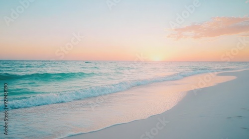 Serene beach with soft white sand and gentle waves lapping the shore, under a pastel-colored evening sky