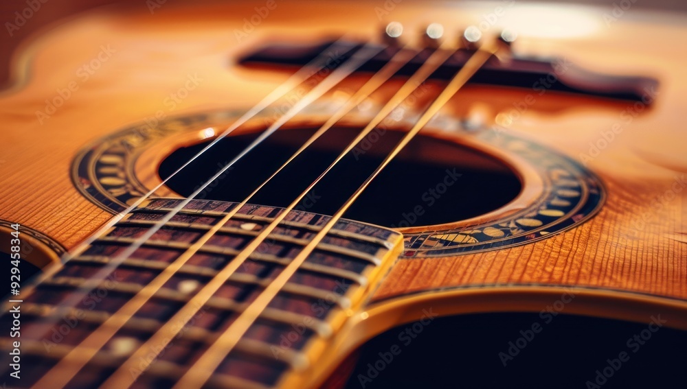 Close-up of an acoustic guitar, with intricate details on the neck and cut strings