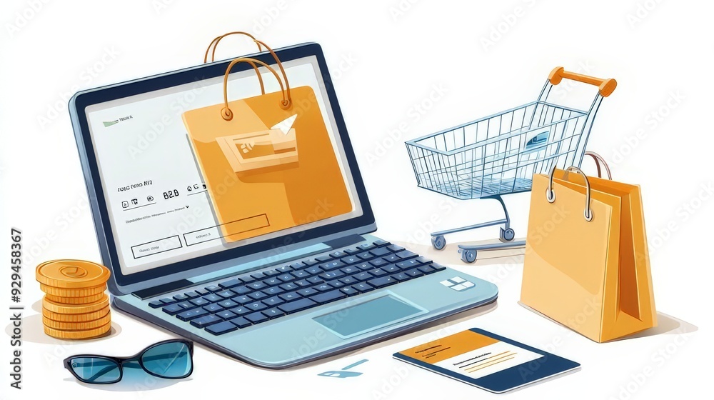 Illustration of a laptop displaying an online shopping interface, surrounded by a shopping cart, bags, coins, and payment items on a white background Illustration of a laptop displaying an online shopping interface, surrounded by a shopping cart, bags, coins, and payment items on a white background