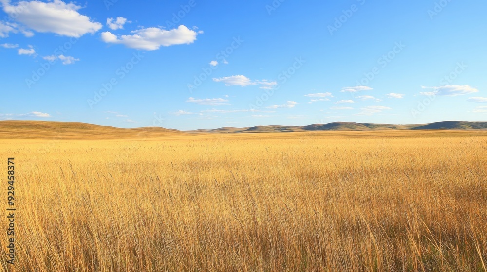 A vast golden field under a bright blue sky with scattered clouds. A vast golden field under a bright blue sky with scattered clouds.