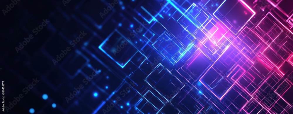 Abstract digital background with glowing neon light squares and lines on a dark blue, black or purple colored background. Abstract digital background with glowing neon light squares and lines on a dark blue, black or purple colored background.