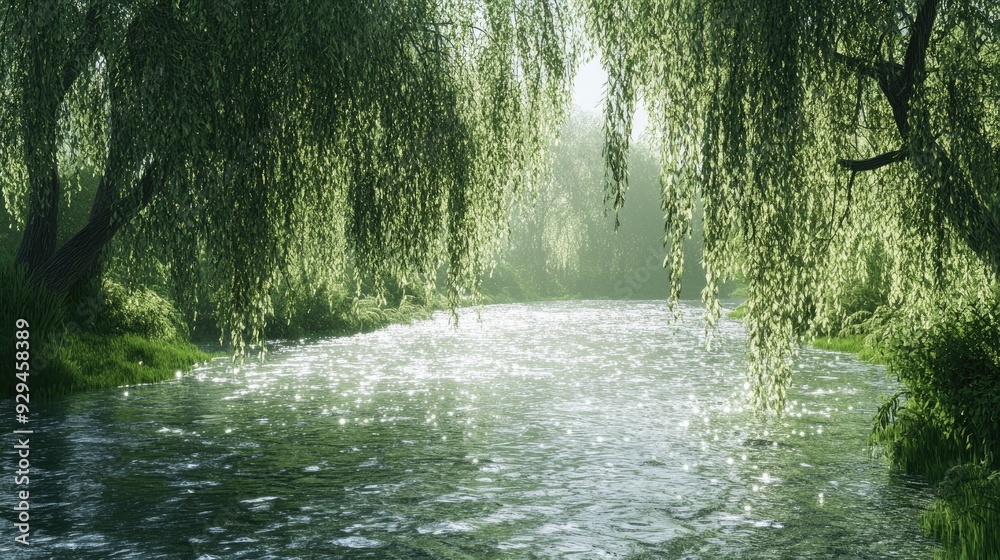 Serene river meandering through a lush green landscape, with willow trees dipping into the water Serene river meandering through a lush green landscape, with willow trees dipping into the water