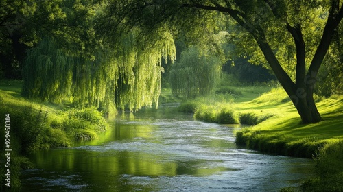 Serene river meandering through a lush green landscape, with willow trees dipping into the water