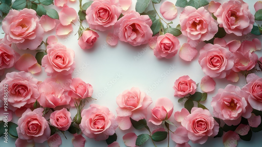 vibrant floral frame with lush pink roses in full bloom scattered petals on pristine white surface soft focus ethereal lighting elegant composition for romantic banner design vibrant floral frame with lush pink roses in full bloom scattered petals on pristine white surface soft focus ethereal lighting elegant composition for romantic banner design