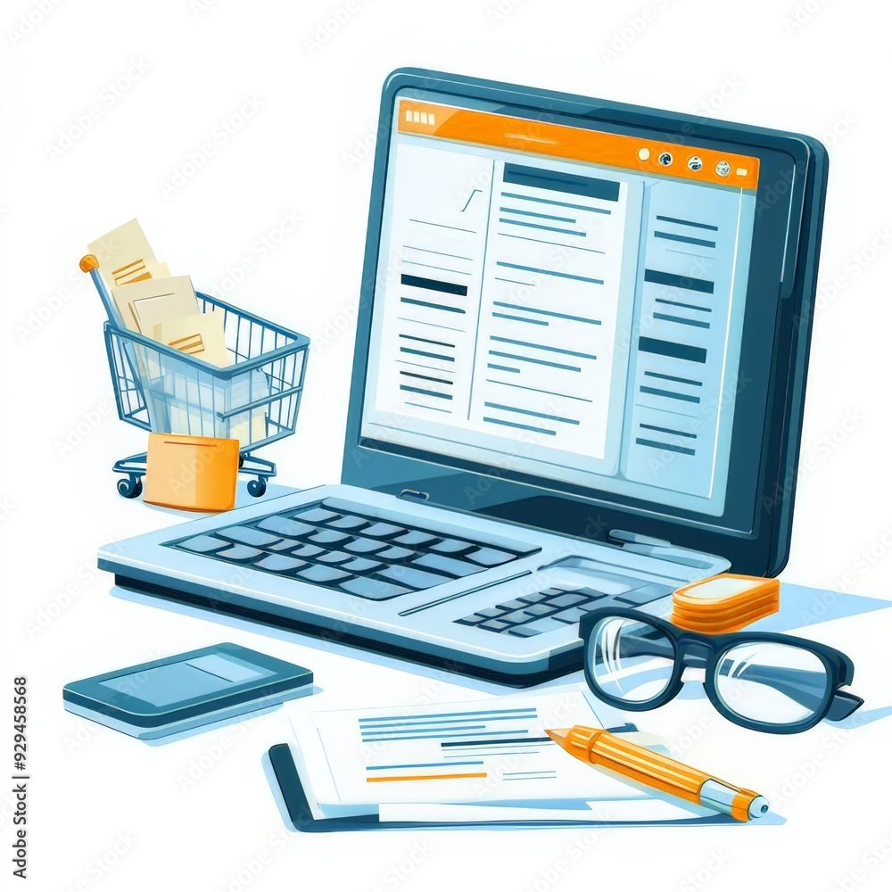 Illustration of an office workspace featuring a laptop, shopping cart with documents, glasses, and other office supplies, symbolizing online business, digital work, and organization.