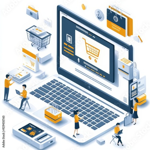 Illustration of an online shopping platform displayed on a laptop, surrounded by digital retail icons and miniature users, symbolizing e-commerce, digital transactions, and consumer interaction. photo