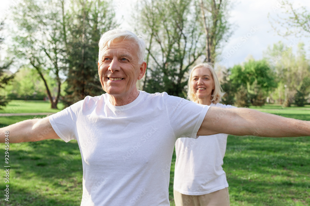 Obraz premium elderly couple of seniors man and woman doing exercises and training in the park outdoors, gray-haired grandparents playing sports and active lifestyle in nature