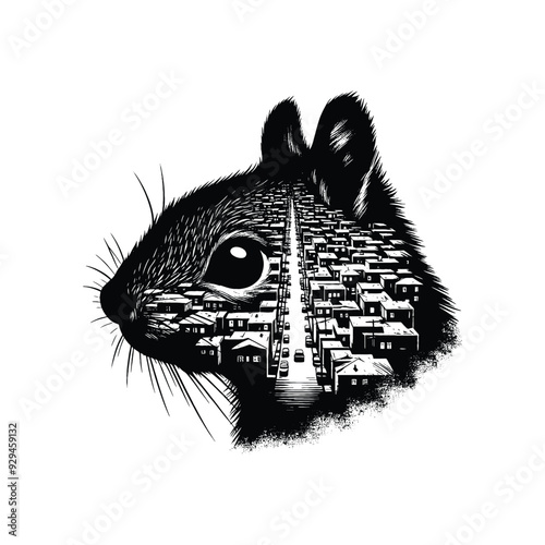 silhouette of Squirrel, filled with ghetto street in rough drawing,