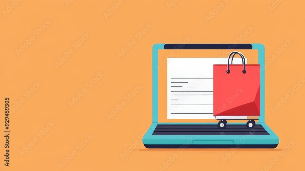Illustration of a laptop displaying a shopping bag icon on its screen, symbolizing online shopping and e-commerce on an orange background Illustration of a laptop displaying a shopping bag icon on its screen, symbolizing online shopping and e-commerce on an orange background