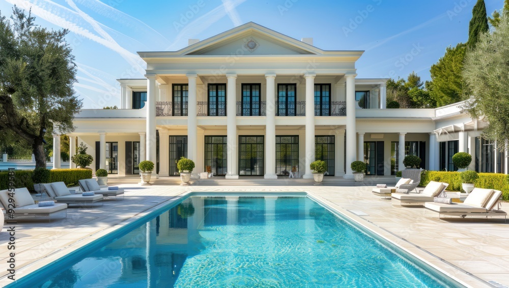 Fototapeta premium Luxury Villa with Pool and Lush Greenery