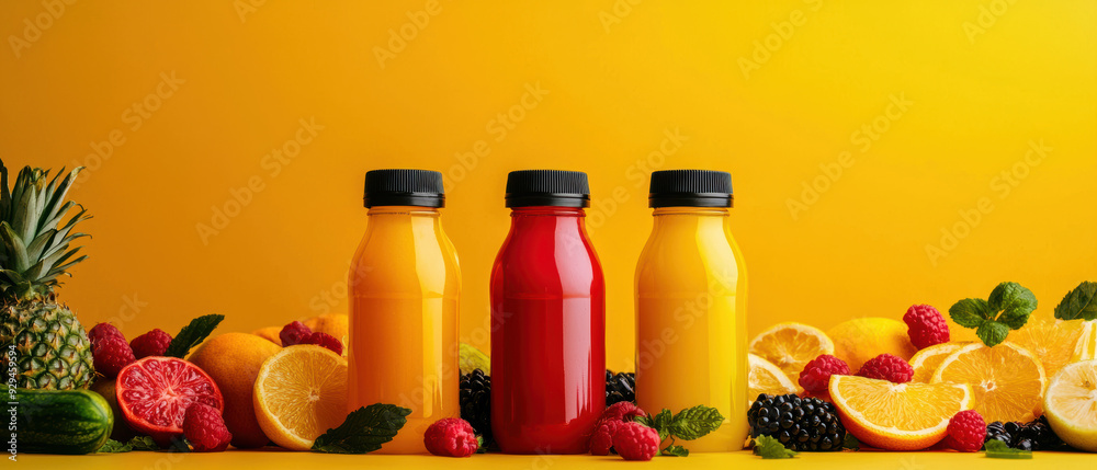 Three bottles of juice are on a table with a variety of fruits and vegetables