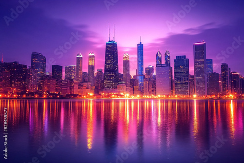 A city skyline is reflected in the water at night