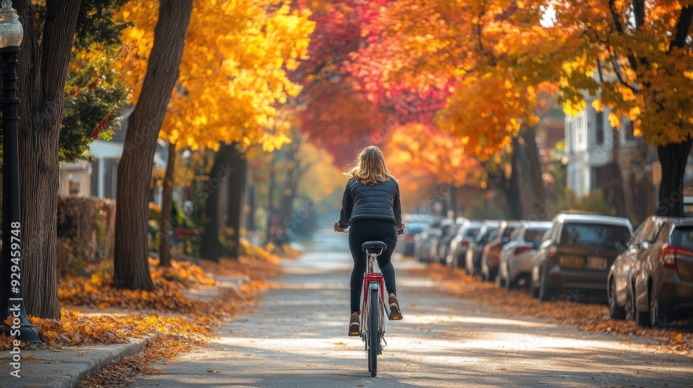 Woman riding a bike through a tree-lined street in autumn, enjoying the crisp air and colorful leaves Woman riding a bike through a tree-lined street in autumn, enjoying the crisp air and colorful leaves