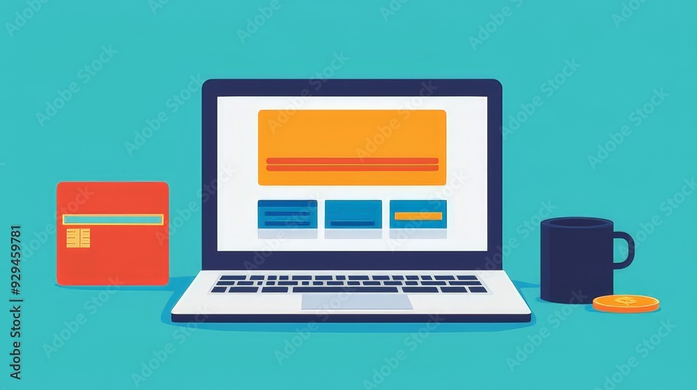 Illustration of an online payment concept featuring a laptop, credit card, and coffee cup set against a teal background, symbolizing digital transactions, online shopping, and e-commerce. Illustration of an online payment concept featuring a laptop, credit card, and coffee cup set against a teal background, symbolizing digital transactions, online shopping, and e-commerce.