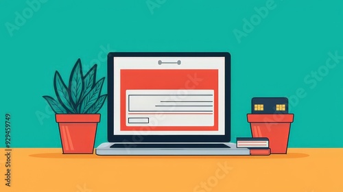 Illustration of a laptop displaying a real estate webpage, with a house model and potted plants on a desk, representing property search and online real estate. photo