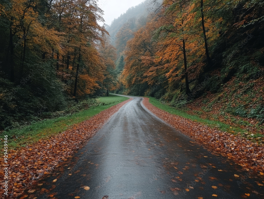 Fototapeta premium A road with leaves on the ground and a wet road