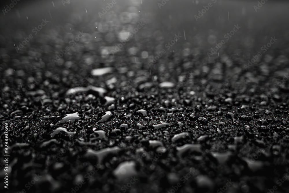 Close-up of water droplets on the surface of an asphalt road Close-up of water droplets on the surface of an asphalt road