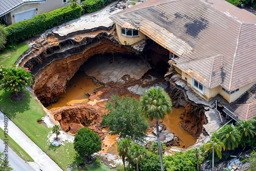 Large sinkhole in Florida neighborhood, aerial shot photo